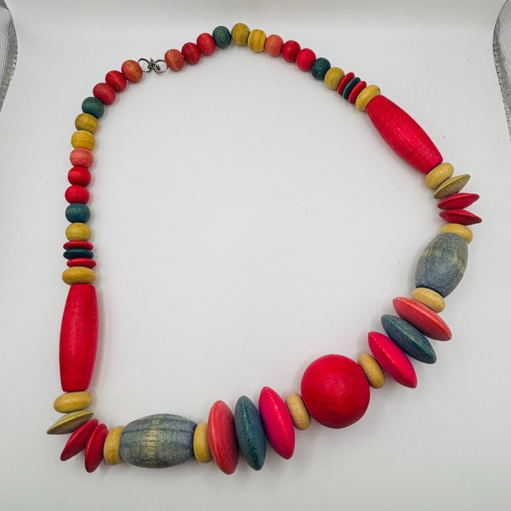 Vintage Ubranded Multi Color Wood Bead Necklace 24" Boho Cottagecore